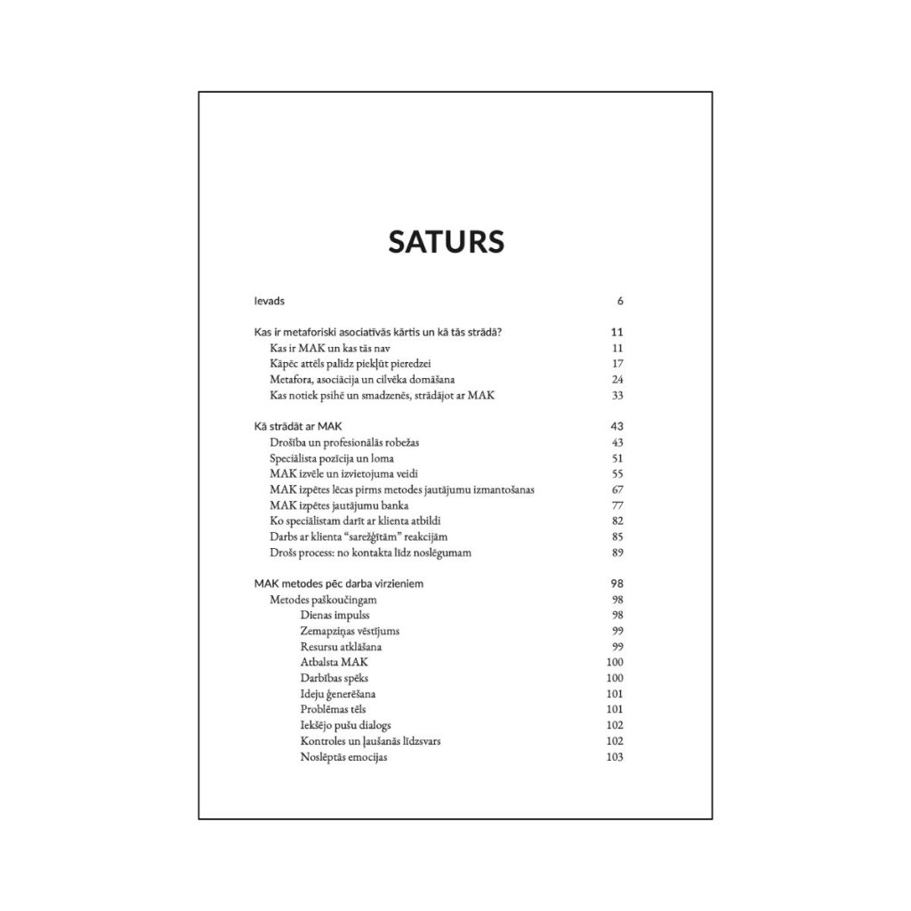Satura rādītājs grāmatai "Darbs ar metaforski asociatīvām kārtīm"